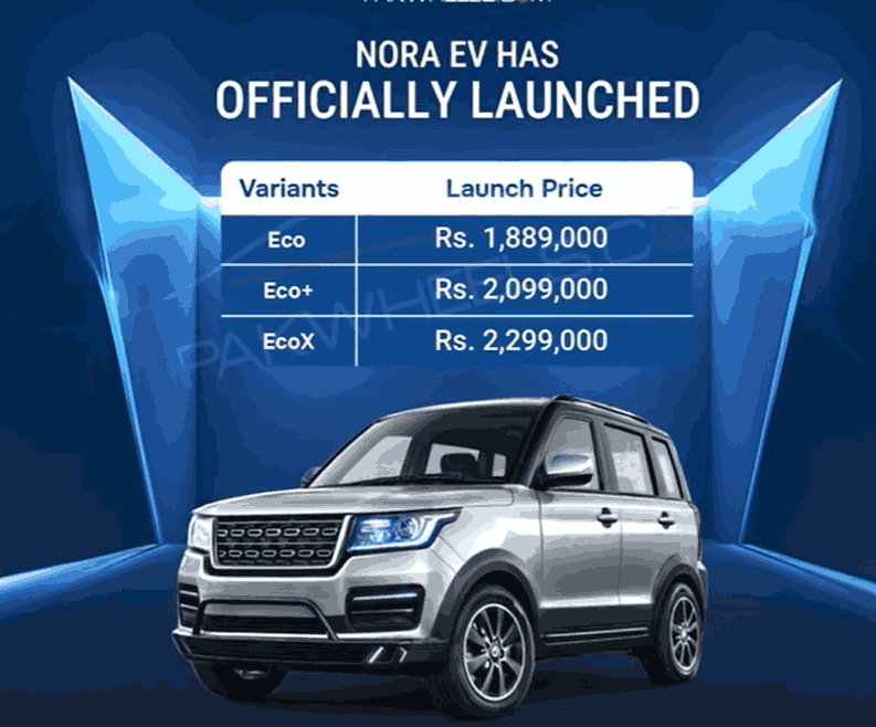 The Nora EV interior features Bluetooth connectivity, steering-mounted media controls, reverse camera, and manual steering. PakWheels reviews the Nora EV price in Pakistan starting at Rs. 1,899,000 with seating for four adults and operational AC.